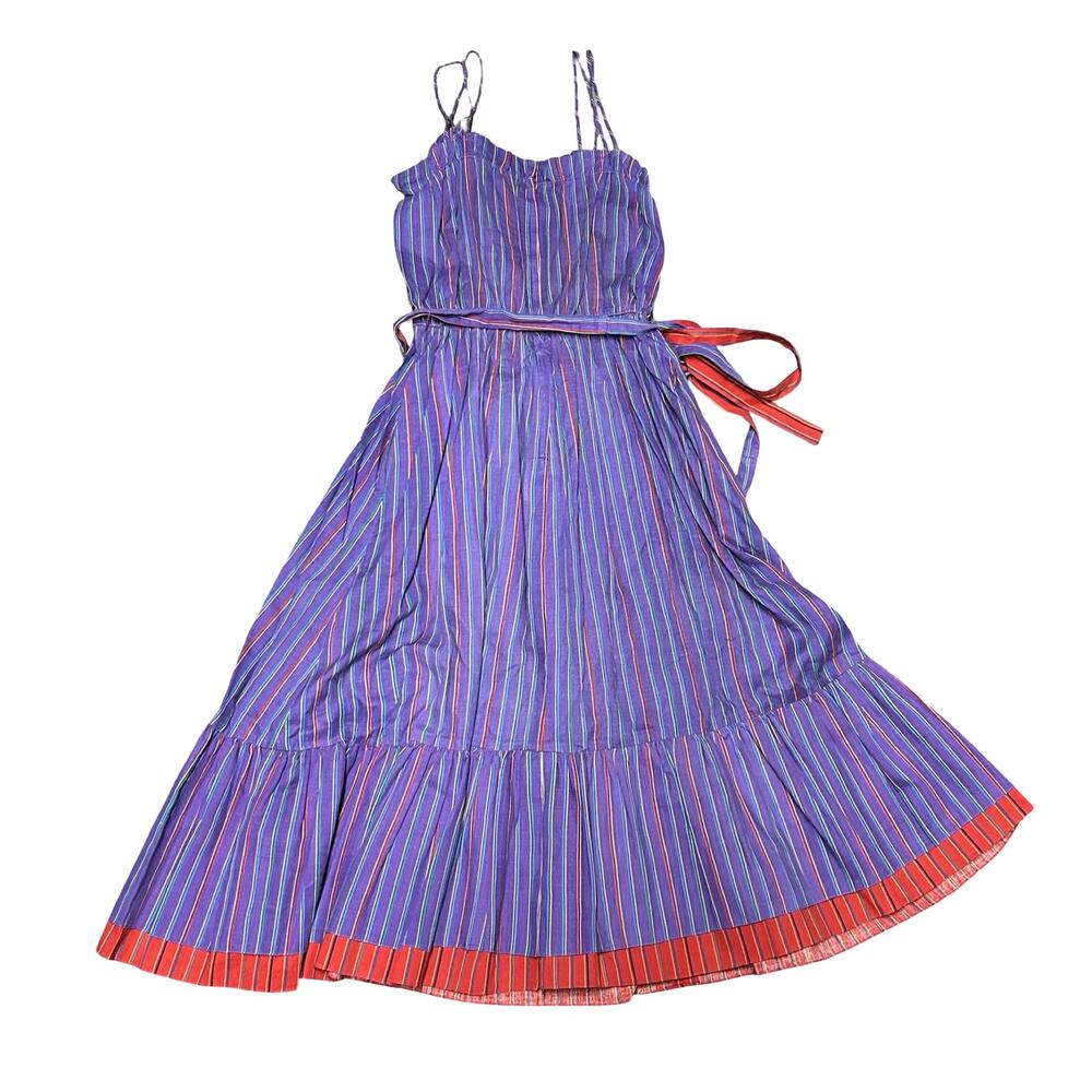 Vintage Striped Sleeveless Fit Flare Midi Dress Womens XS Purple Red Tie Belt